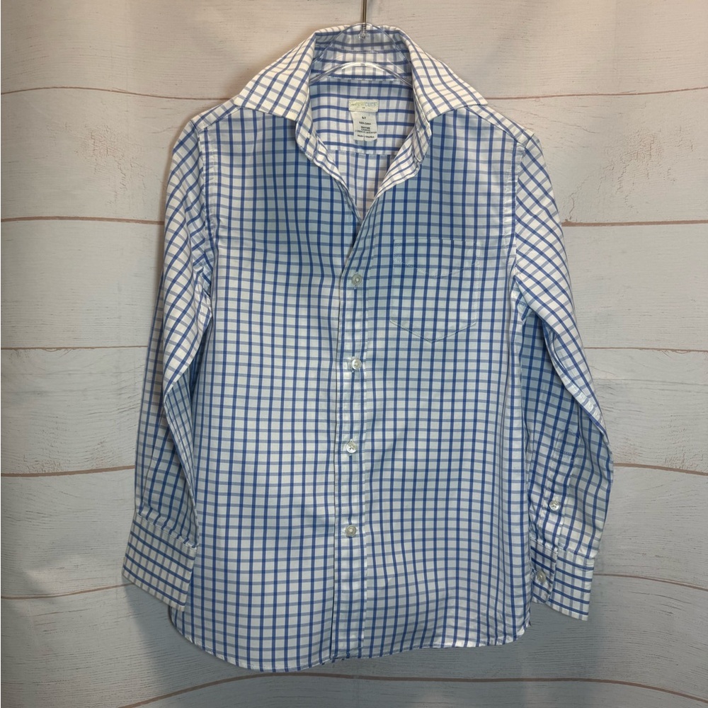 Crewcuts Blue Windowpane Button-Down Dress Shirt Missing Top Button Size 6-7